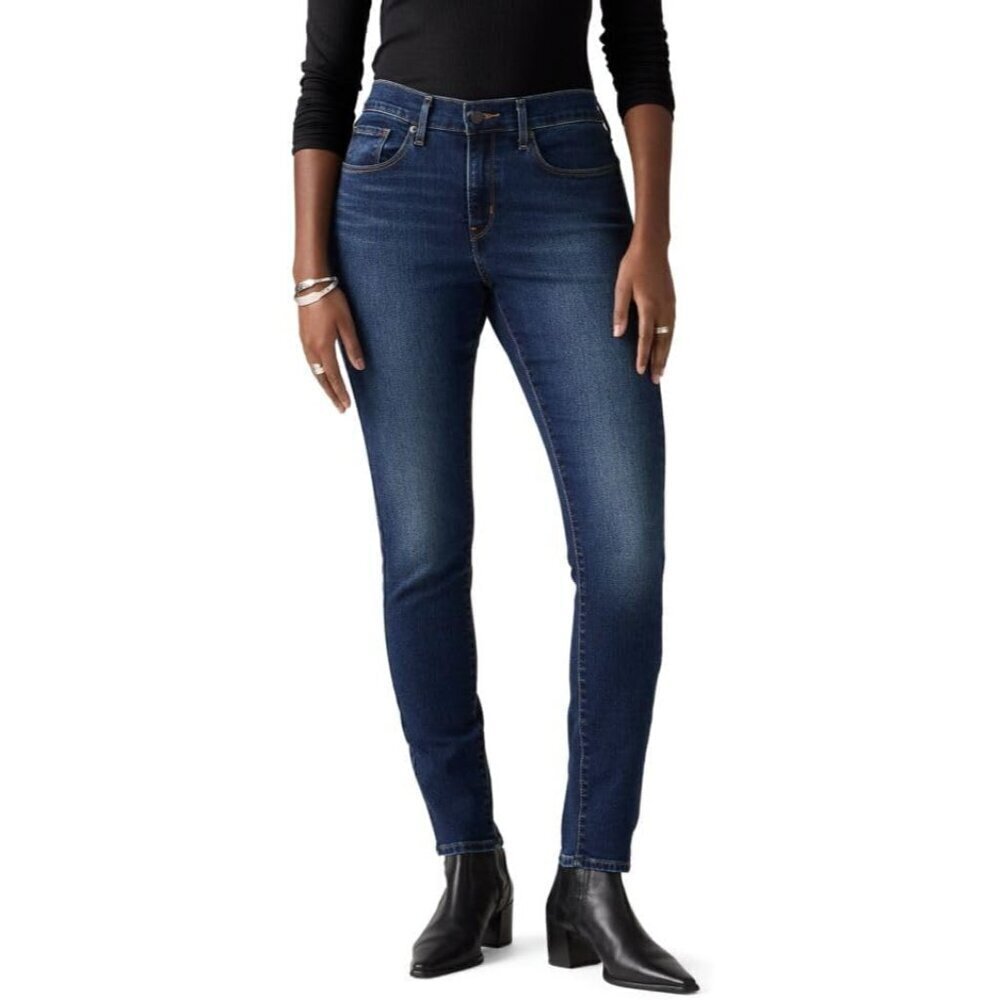 Womens Dark Wash Skinny Jeans Cotton Blend Mid Rise Zipper Closure